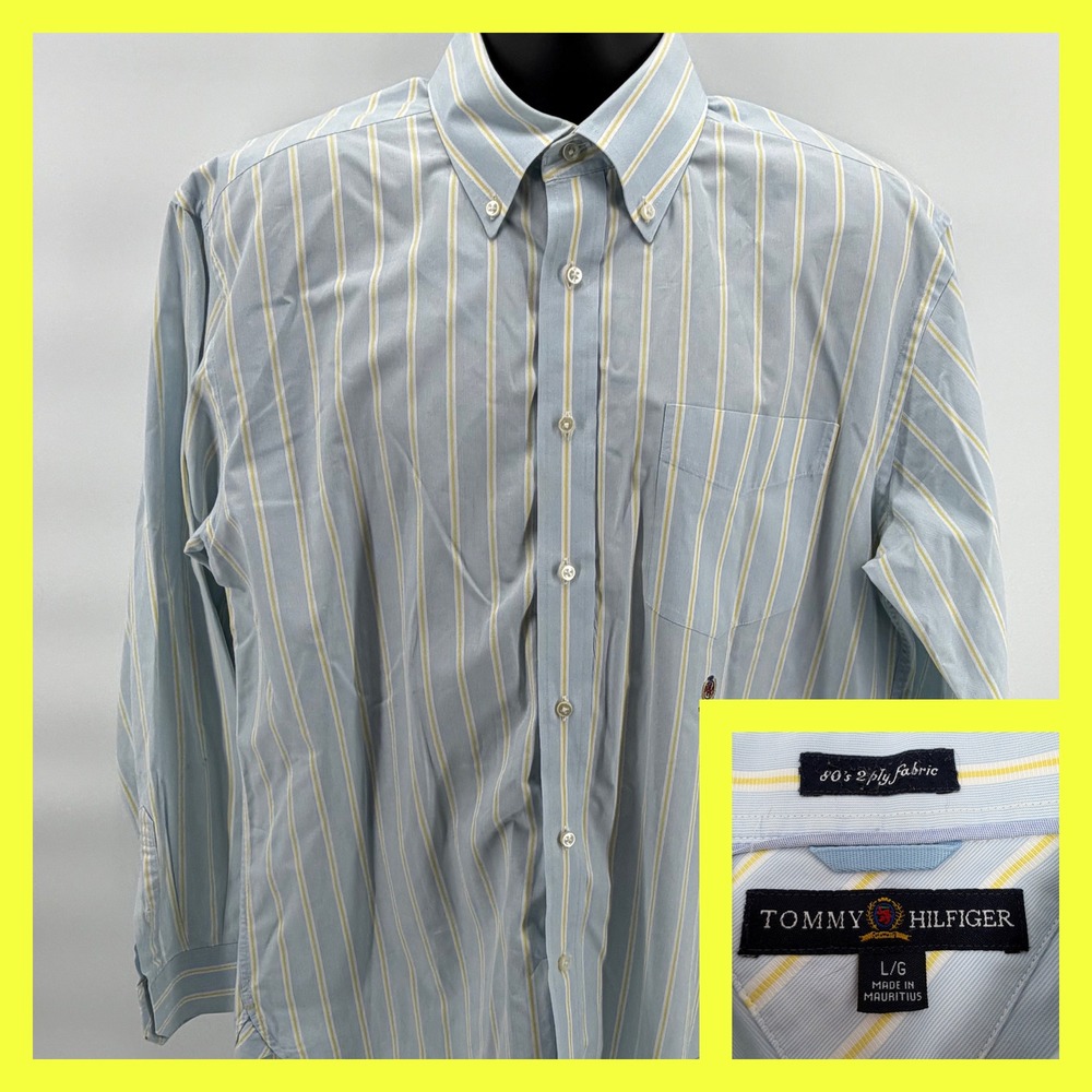 Vtg Tommy Hilfiger 80s 2-Ply Fabric Shirt Large Striped Crest Logo Back Yoke L